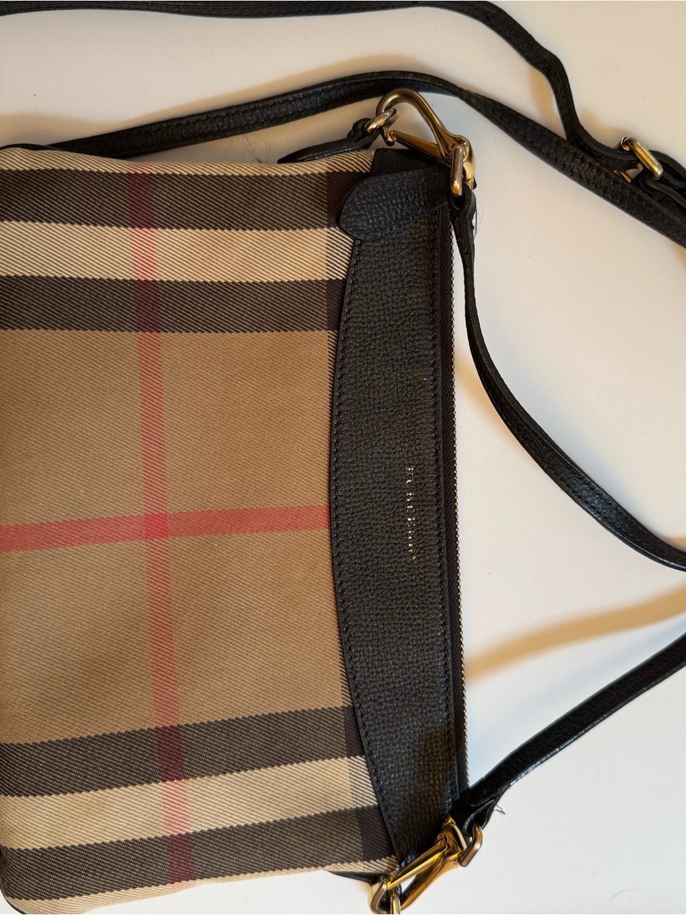 Burberry Peyton Black Trim Tan Check Crossbody Bag with Red Accent - Picture 6 of 8